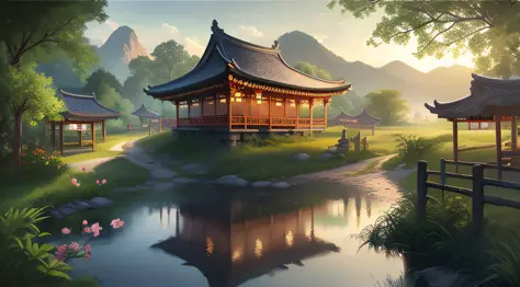Chinese village scenery with bridge and pagoda, landscape artwork, G Ryurian art style, temple background, landscape game concep...