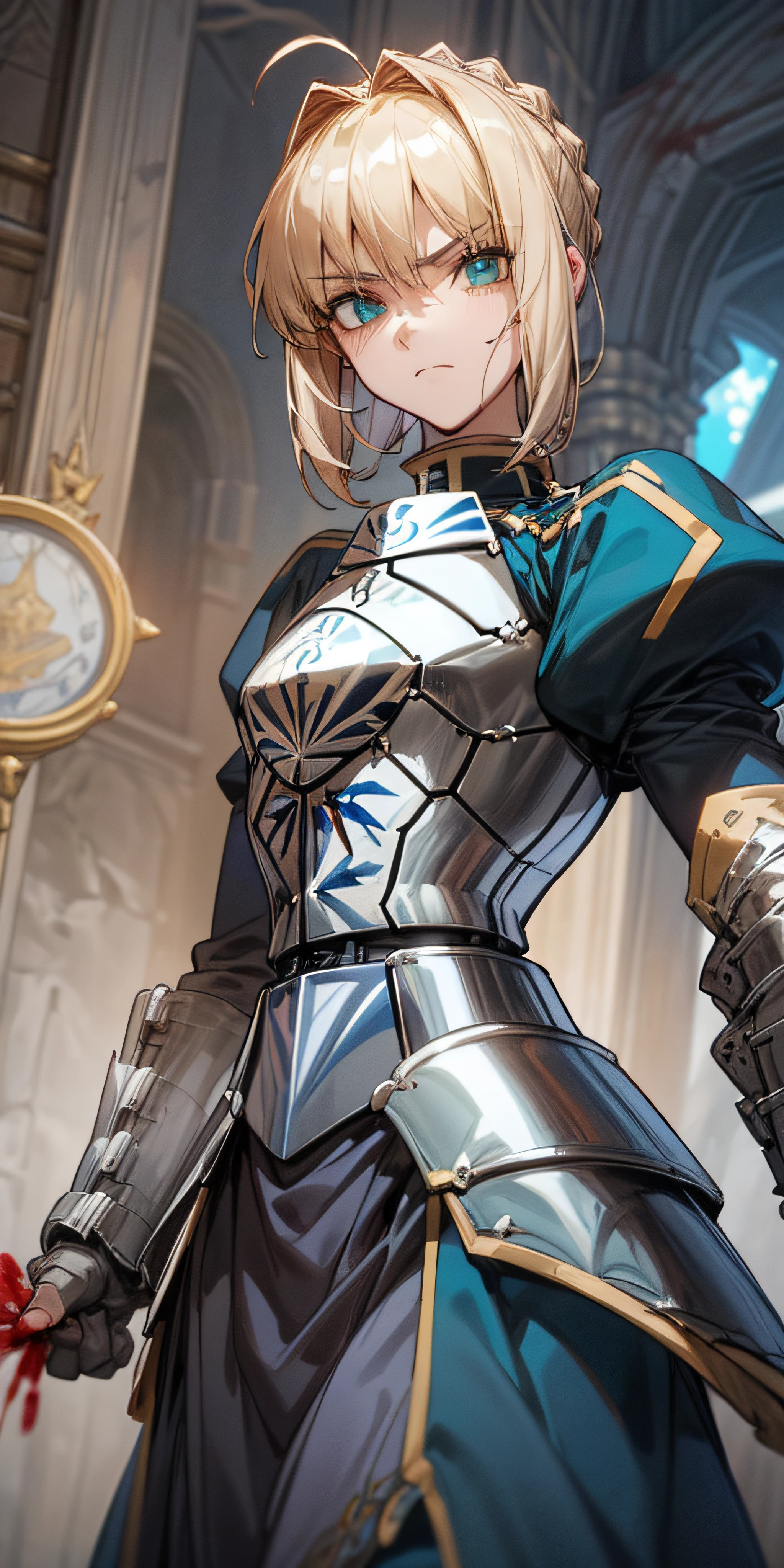 Artoria Pendragon \ (Destiny\, Masterpiece, Best Quality, High Resolution, Ultra Detailed, Art Book, Anime Coloring, CG, Illustration, Fantasy, 1 Girl, Solo, Blood, Male Focus, Looking at the Audience, Artoria Pendragon \ (Destiny\), Armor, Detailed Beautiful Face and Eyes, Facing Camera , Mild Sunlight , Warm Environment, Capable and Slender Body ,Dexterous Dynamics, Surrounding Light Dim Light Gathering on Maiden, King Arthur's Tomb