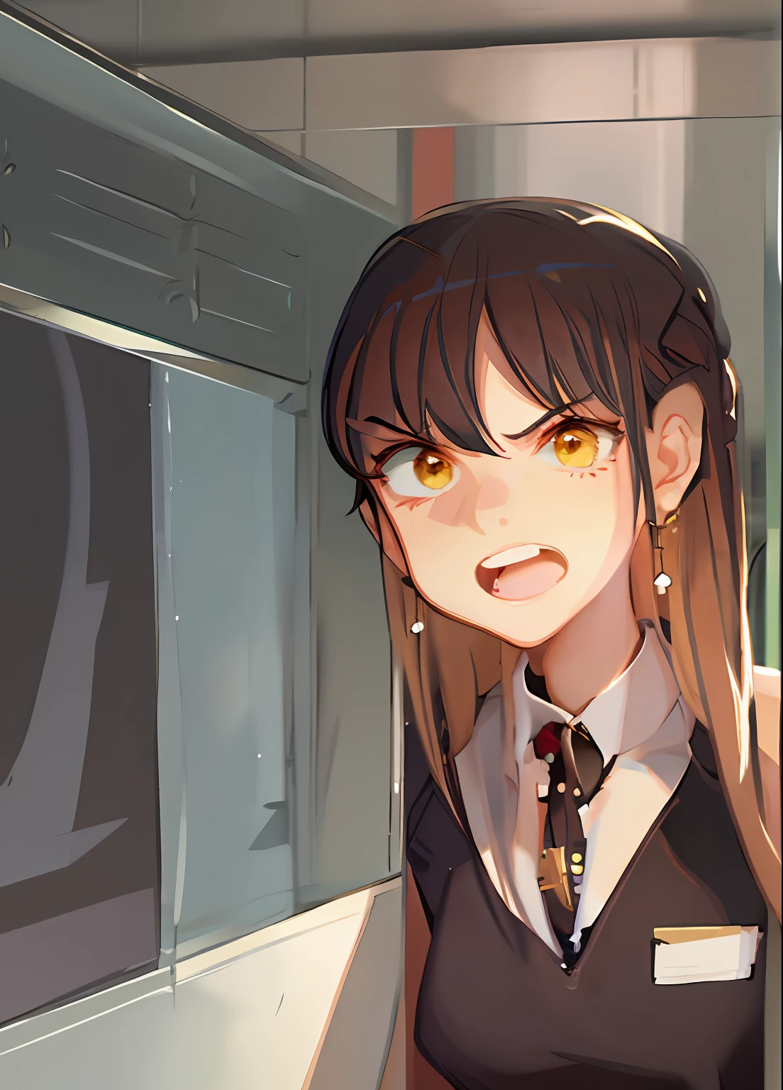 In front of the subway screen door, angry school girl, long hair, , wearing impressions, high quality, masterpiece