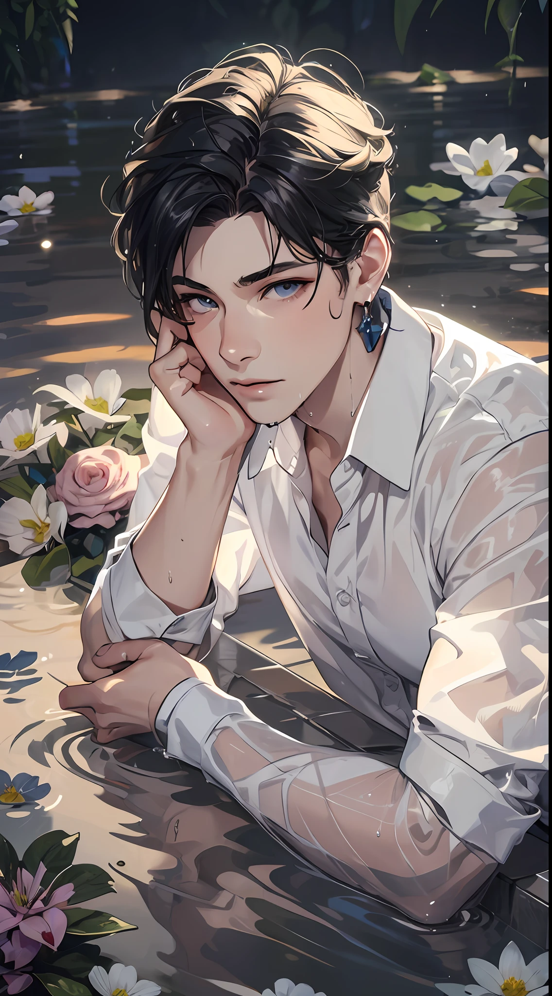 1boy, male, man, boy, teenager, young man, physically based rendering, professional lighting, extreme detail, white shirt, bouquet, cross earrings, lying on water, high brightness, refreshing, soft light, ((single))), (solo), lying down, wet, transparent shirt