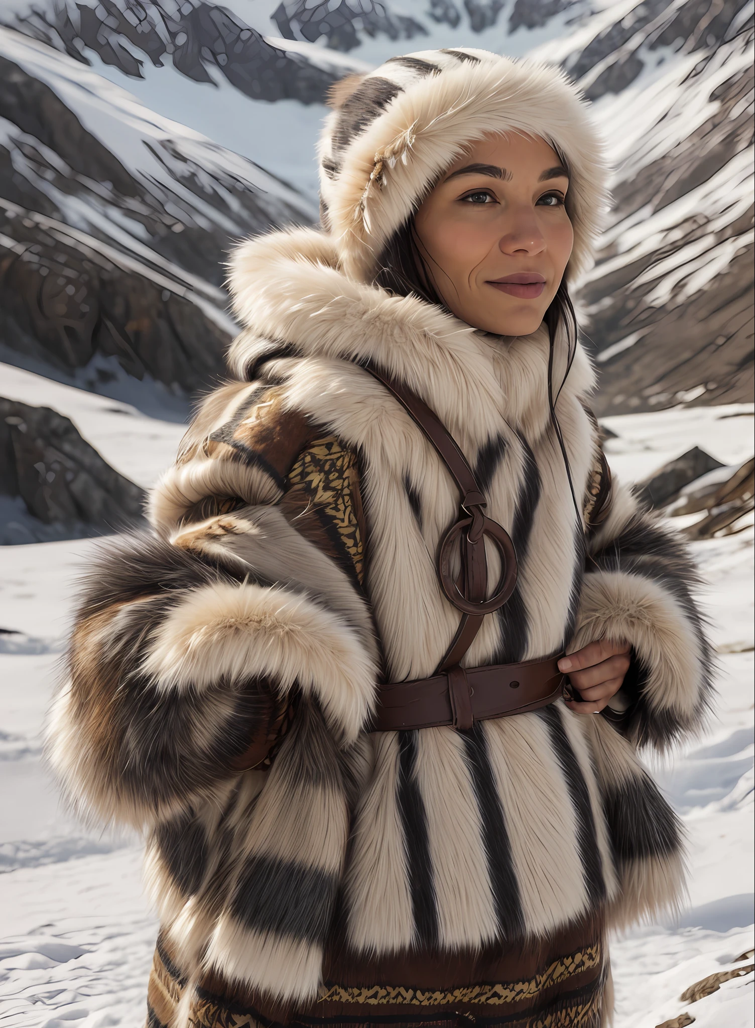 Roxetta, In the midst of the snowy tundra, a woman is dressed in traditional Eskimo attire, blending seamlessly with the wintry landscape. (Best quality: 1.3) Her garments, carefully chosen for their functionality and cultural significance, exude warmth and resilience against the harsh elements. (Masterpiece: 1.3) Meticulous attention is given to the craftsmanship of her clothing, from the intricate stitching and patterns to the durable materials designed to protect against the biting cold. (8K: 1.2) The high-resolution imagery captures the textures of her fur-lined parka, the intricate beadwork on her mittens, and the softness of the sealskin boots that keep her feet warm and dry. (Close-up shot style: 1.4) The camera zooms in, focusing on the details of her attire, highlighting the cultural richness and functionality of each piece, as well as the resilience and resourcefulness of the Eskimo people. (Realistic art style: 1.3) The artwork portrays her as a symbol of adaptability and strength, embodying the spirit of survival in the challenging Arctic environment. With her traditional Eskimo clothes, she not only embraces her heritage but also carries with her a deep connection to the land and the wisdom passed down through generations. The image encapsulates the harmony between humans and nature, reminding us of the importance of understanding and respecting different cultures and their relationship with the environment. (Full body: 1.2)