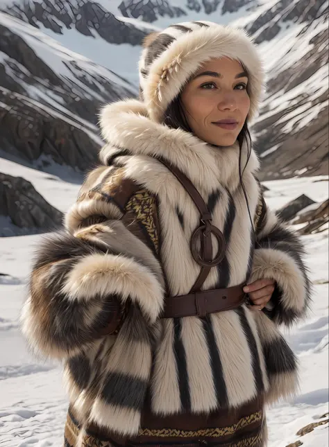 roxetta, in the midst of the snowy tundra, a woman is dressed in traditional eskimo attire, blending seamlessly with the wintry ...