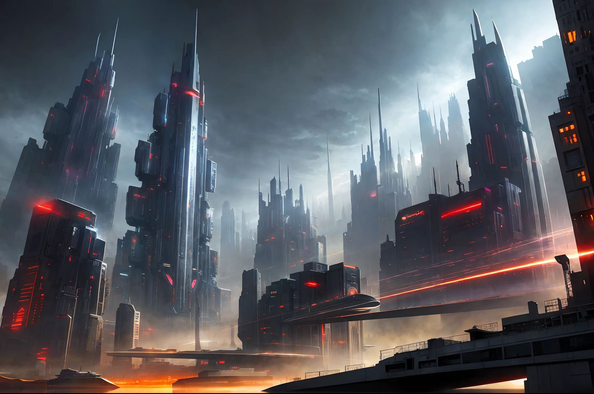 sci-fi art, futuristic city in the morning, dramatic light