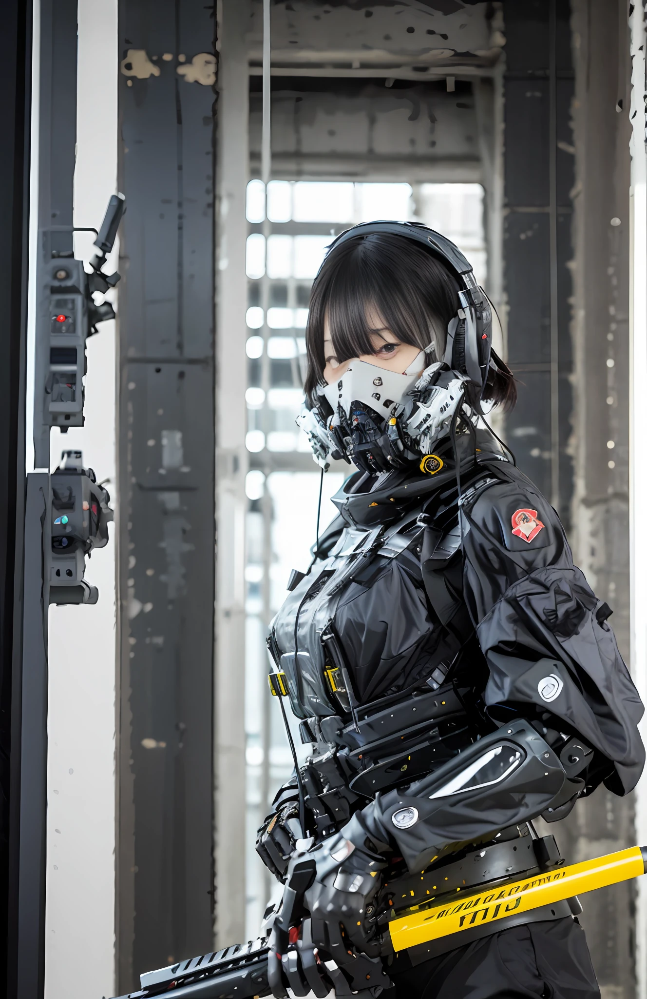 This is a super detailed, super high facial detail, high resolution and top quality CG Unity 8k wallpaper, the style is cyberpunk, mainly black and red. In the picture, a beautiful girl with white messy short hair, a delicate face, wearing a steam mecha mask, standing on the ruins, behind her is a huge robot, and the action of a woman holding a heavy sniper rifle in her hand,