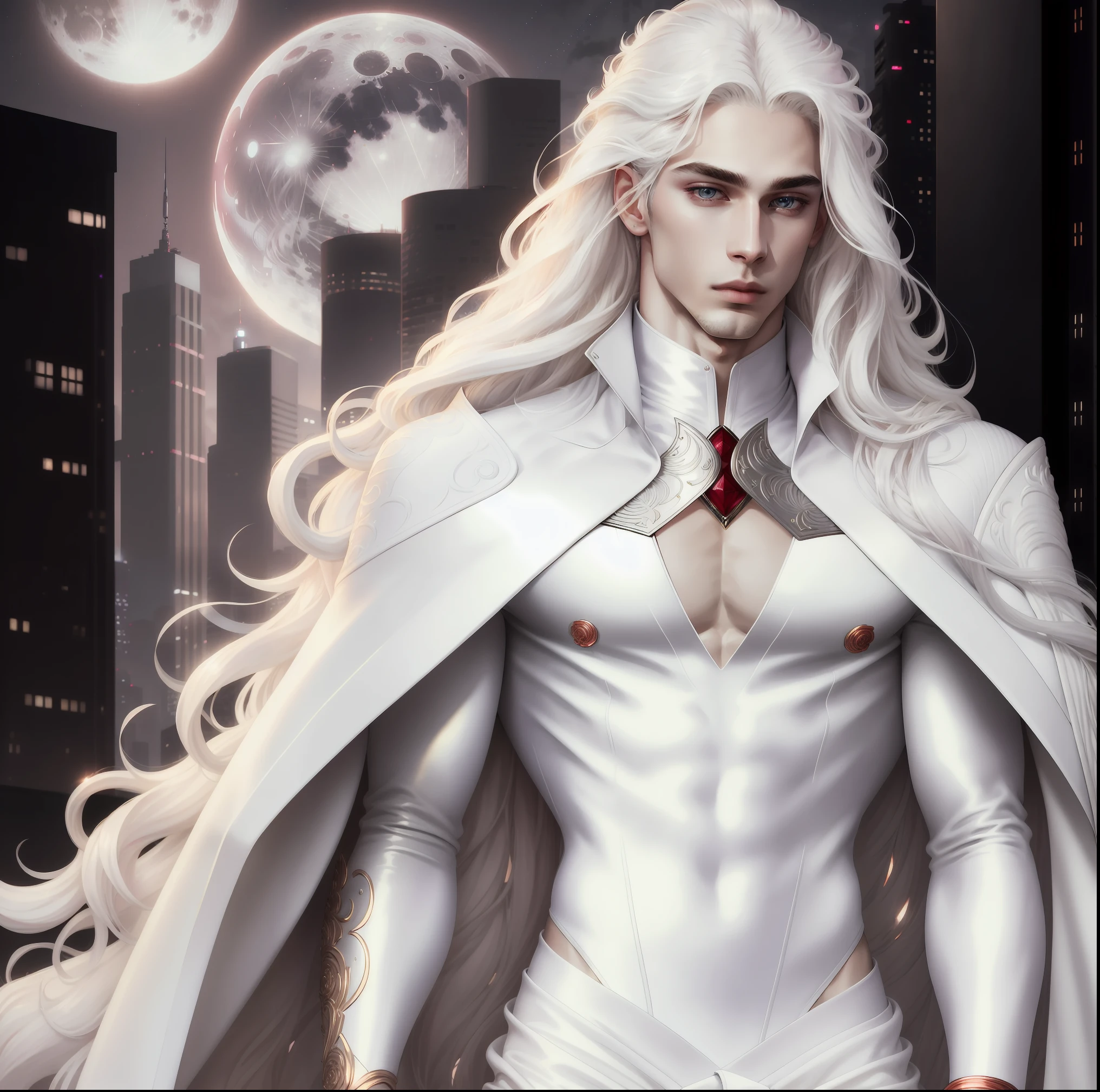 masterpiece, highest quality, (solo), detailed gorgeous face, (high detail:1.1), dramatic, 1guy, (pale skin), long gorgeous white hair, hyper detailed ruby eyes, (solo), long hair, moon, night, white luxury suit, covered navel, pouty lips, covered, futuristic city, detailed background, fashion model, cinematic lighting, roses, balenciaga