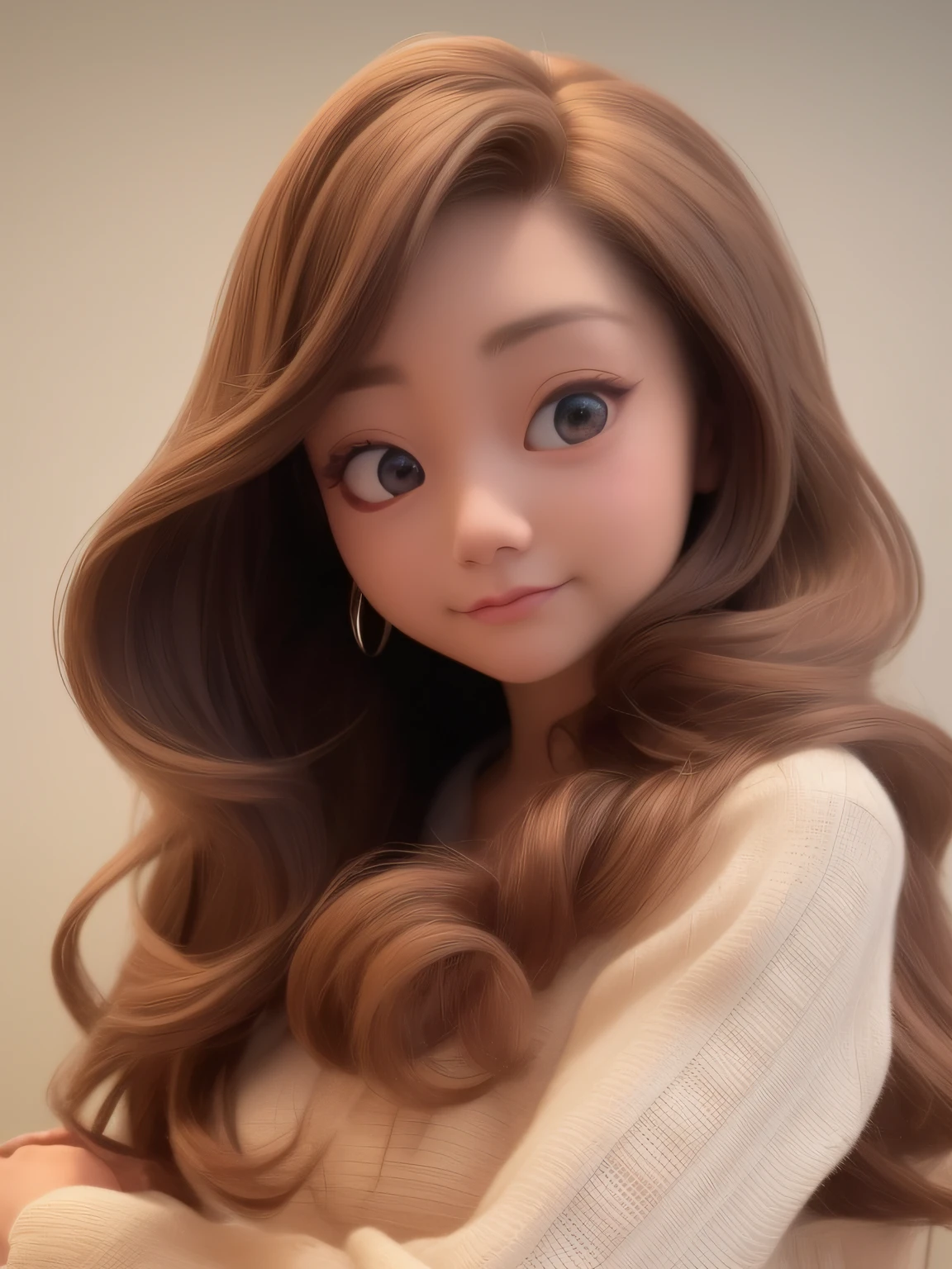 a close up of a woman with long hair wearing a sweater, photorealistic disney, disney photo realistic, pokimane, realistic anime 3 d style, cute cartoon character, animation character, in style of disney pixar, in style of disney animation, brown flowing hair, cartoonish cute, large eyes and flowing long hair, realistic cute girl painting, brown hair and large eyes