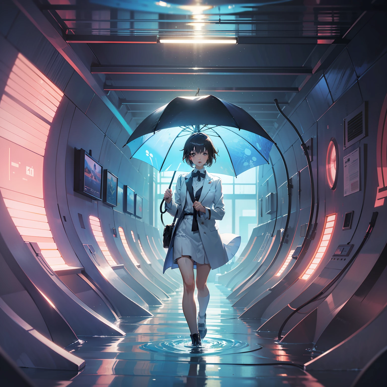 anime girl standing in fish tunnel with umbrella, wallpaper anime blue ...