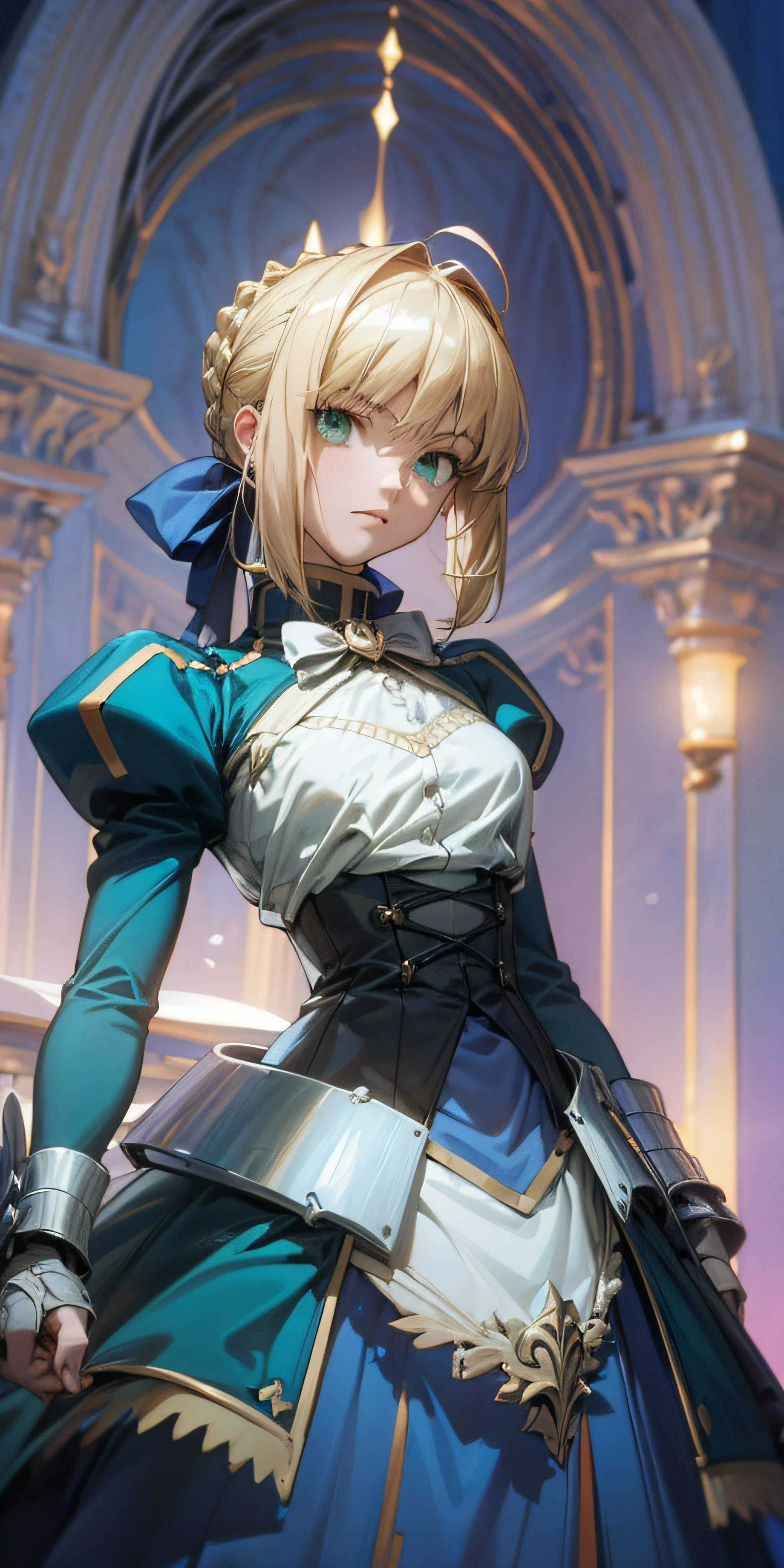 Artoria Pendragon \ (Destino\, obra maestra, mejor calidad, Alta resolución, ultra detallado, libro de arte, colorante animado, CG, ilustración, fantasía, 1 chica, solo, enfoque masculino, mirando a la audiencia, Artoria Pendragon \ (Destino\), Camisa blanca lazo azul, falda corta azul, hermoso rostro y ojos detallados , Luz solar suave con fuerte contraste de color , ambiente cálido, figura esbelta capaz, Dinámica diestra, Luz tenue alrededor de la niña reunida en la doncella, ojos verdes