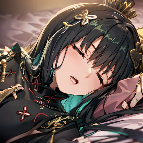 highres,official art,masterpiece,best quality, 1girl,((sleeping)), ((lying down)), ((closed eyes)), ((open mouth)), ((bed)), medium breasts,mature female, qu, china dress, ((close-up to face))