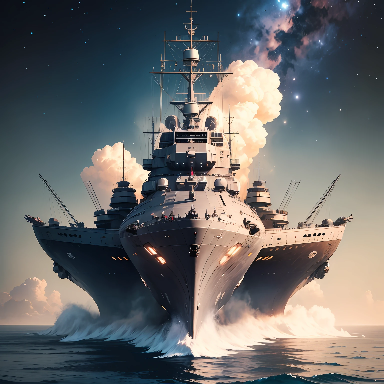 سفينة Tech Ship Galaxy Battleship ذات مظهر خارجي فضي وأبيض مع عدد لا يحصى من مواضع الأسلحة عليها -- تلقائية