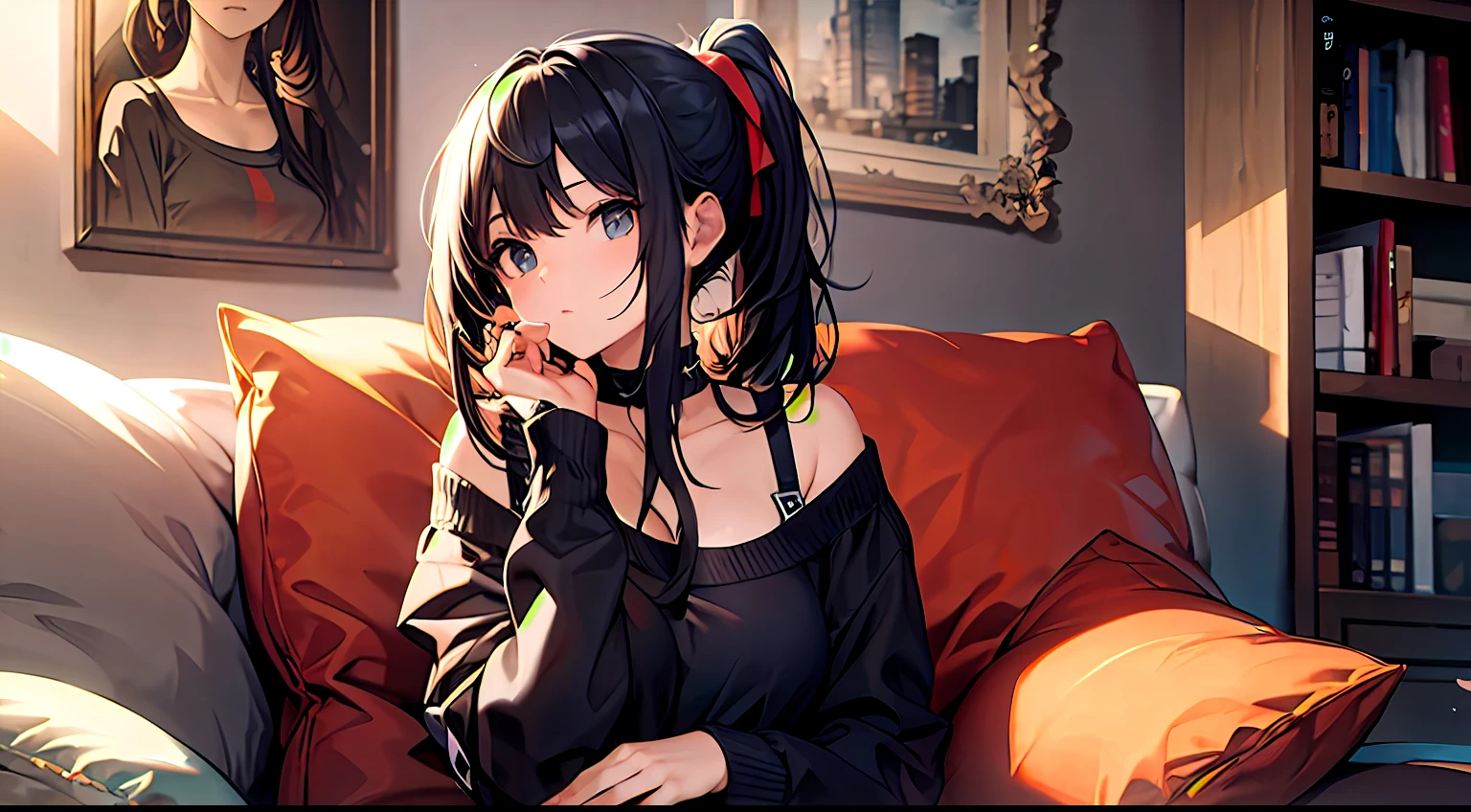 Masterpiece, best quality, girl, long black hair, ponytail, sitting on the sofa,