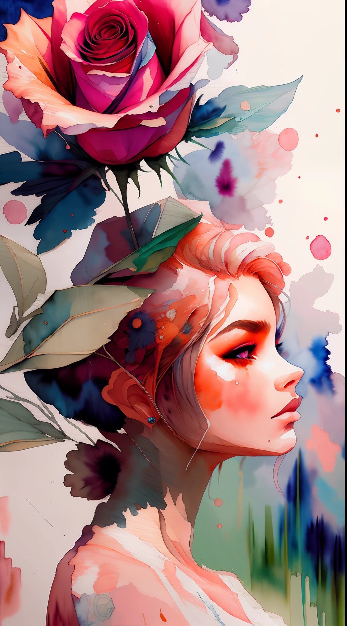 wtrcolor style, (rose) digital art, official art, blown by the wind, masterpiece, beautiful, ((watercolor)), paint splatter, intricate detail. Great detail, [dripping:0.7], Trending on Artstation, Rachel Walker