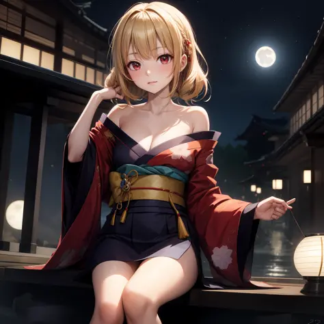 anime, one girl, blonde, hair is tying up, red eyes, kyoto, moon, kimono, off-shoulder, sitting, solo,