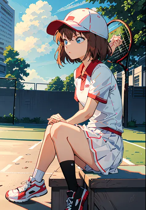 Ai Haibara, tennis, tennis court, sun visor, sitting, skirt, white tennis uniform,