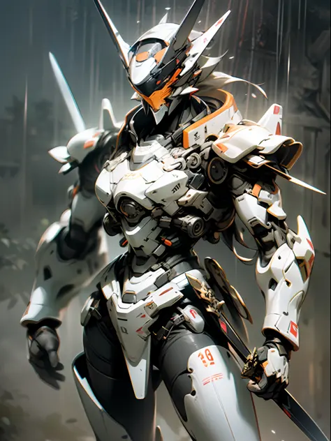 ((fbest quality)), ((Masterpiece)), (Very Detail: 1.3), 3D, Male Valkyrie mecha, Cool cyberpunk warrior with long knife, Has samurai-style armor, With a samurai mask，Rainy weather, sci-fi technology, HDR (high dynamic range), raytraced, Light particles, nv...
