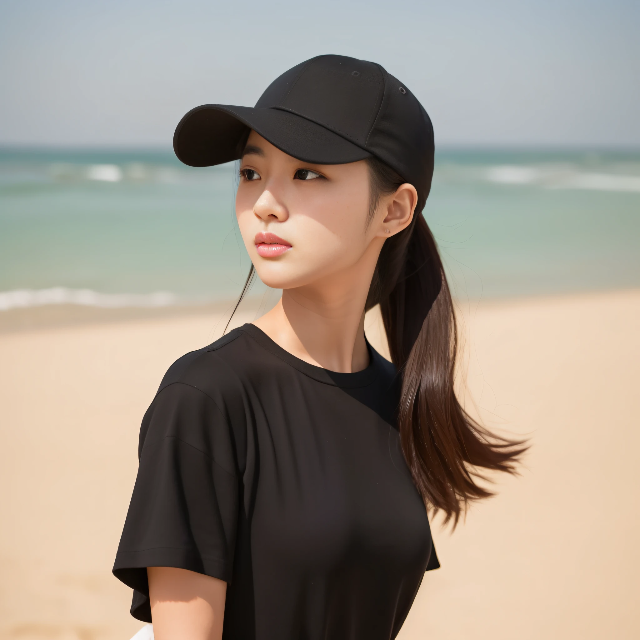 "Foto real, HD 8K píxeles, en la playa de una mujer con coleta que lleva un sombrero negro y una camiseta negra, su nombre es Heonhwa Choe, una hermosa joven coreana. Lleva una gorra de béisbol y es una hermosa modelo de moda coreana con el pelo corto. Por favor, capture su imagen con fotos realistas. "