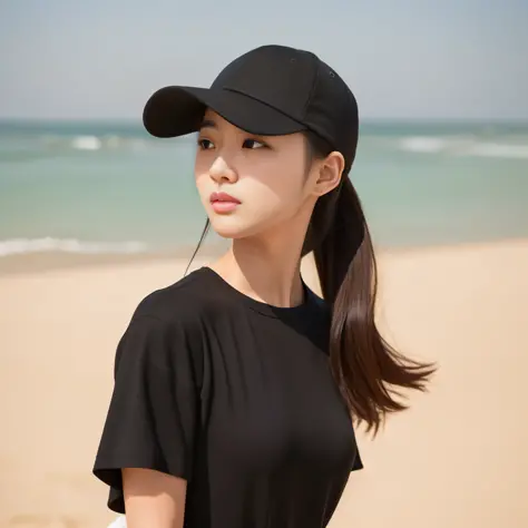 "Real photo, HD 8K pixels, on the beach of a ponytailed woman wearing a black hat and black shirt, her name is Heonhwa Choe, a g...
