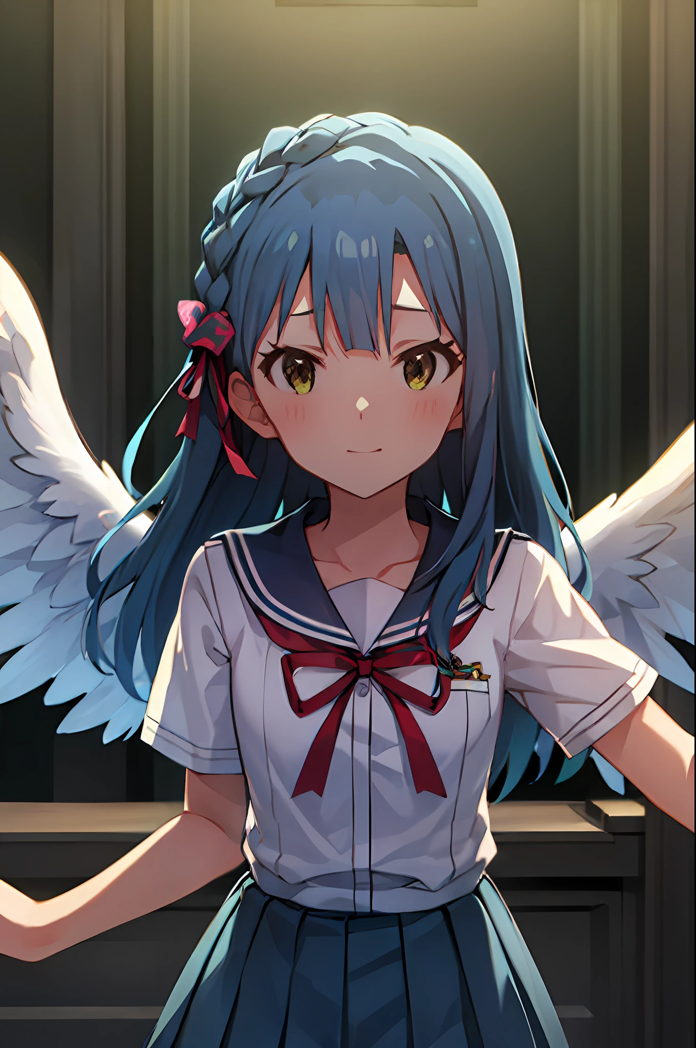 Anime girl with blue hair and angel wings in a school uniform - SeaArt AI