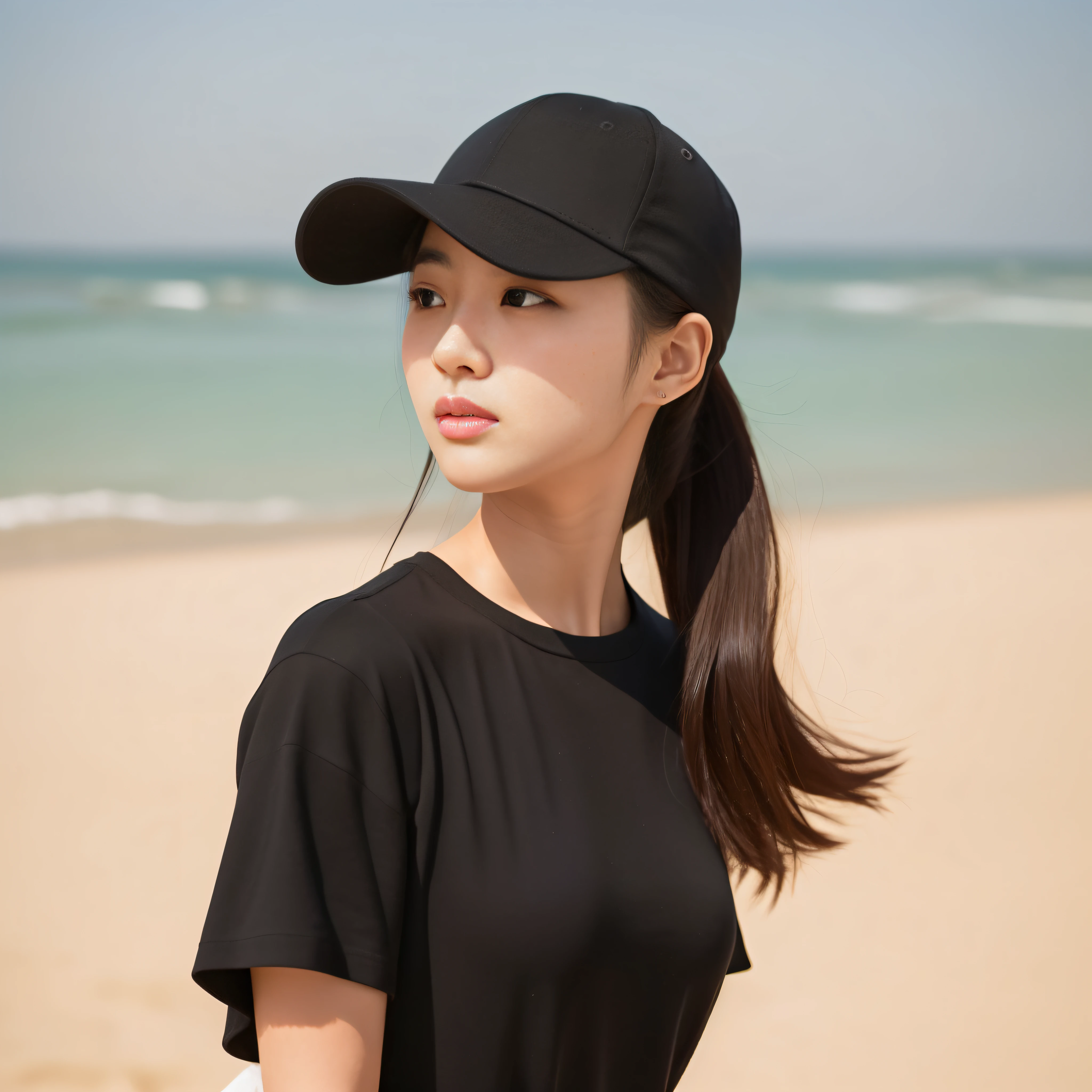 "foto real, HD 8K pixels, na praia de uma mulher de rabo de cavalo usando um chapéu preto e uma camisa preta, o nome dela é Heonhwa Choe, Uma linda jovem coreana. Ela usa um boné de beisebol e é uma bela modelo de moda coreana com cabelo curto. Por favor, capture a imagem dela com fotos realistas. "