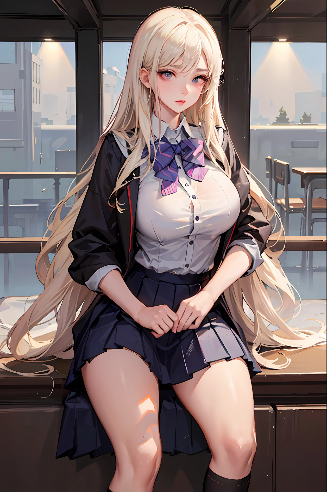 1girl, nsfw, masterpiece, best quality, slender girl with hourglass body and massive breasts, solo, pretty, cute, shy girl, ((girl wears school uniform, short pleated skirt, white blouse, Korean school uniform)), sexy, girl shows enticing breasts, ((platinum blond hair, long hair)), pink eyes, detailed eyes, beautiful eyes, delicate eyes, ((hourglass body, sexy body)), correct anatomy, correct limbs, ((massive breasts, large breasts)), juicy lips, pouty lips, [detailed background (korean school, korean high school, Seoul, south korea)]