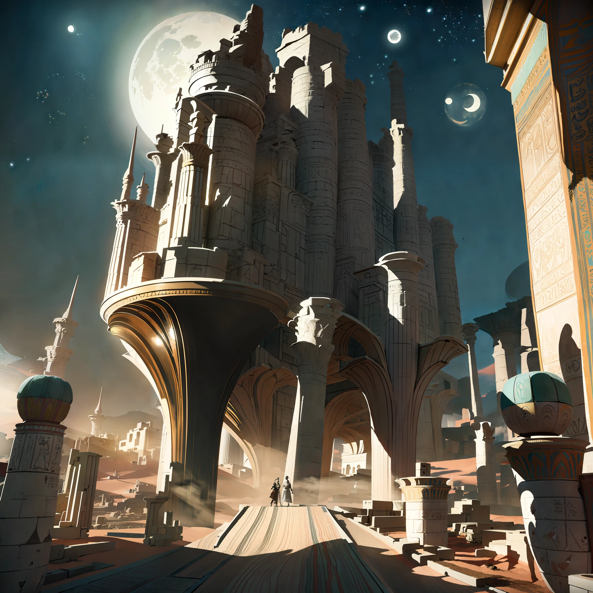 il y a un grand chef-d&#39;œuvre futuriste, un château arabe de style art coranique, au milieu d&#39;une ville futuriste avec une lune, dans une ville fantastique de science-fiction, fond d&#39;écran fantastique de science-fiction, chef-d&#39;œuvre concept art paysage urbain, illustration de science-fiction épique de la calligraphie arabe, énorme design islamique futuriste, science-fiction fantastique, avec chef-d&#39;œuvre de l&#39;art coranique fond d&#39;écran, fond de ville art fantastique, in front of a ville fantastique, ville fantastique, dans un château sur une planète extraterrestre avec un chef-d&#39;œuvre de calligraphie.