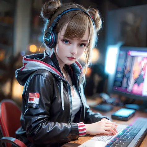 masterpiece, best illustration, solo, 1girl, sitting, hair bun, keyboard \(computer\), leather trim, computer, monitor, hood, ja...