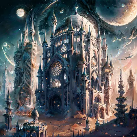 there is a large futuristic masterpiece Arabian castle in Quranic art style in the middle of a futuristic city with a moon, in f...