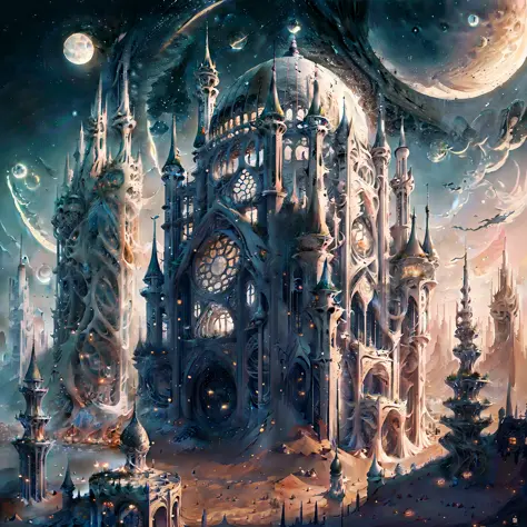 there is a large futuristic masterpiece arabian castle in quranic art style in the middle of a futuristic city with a moon, in f...