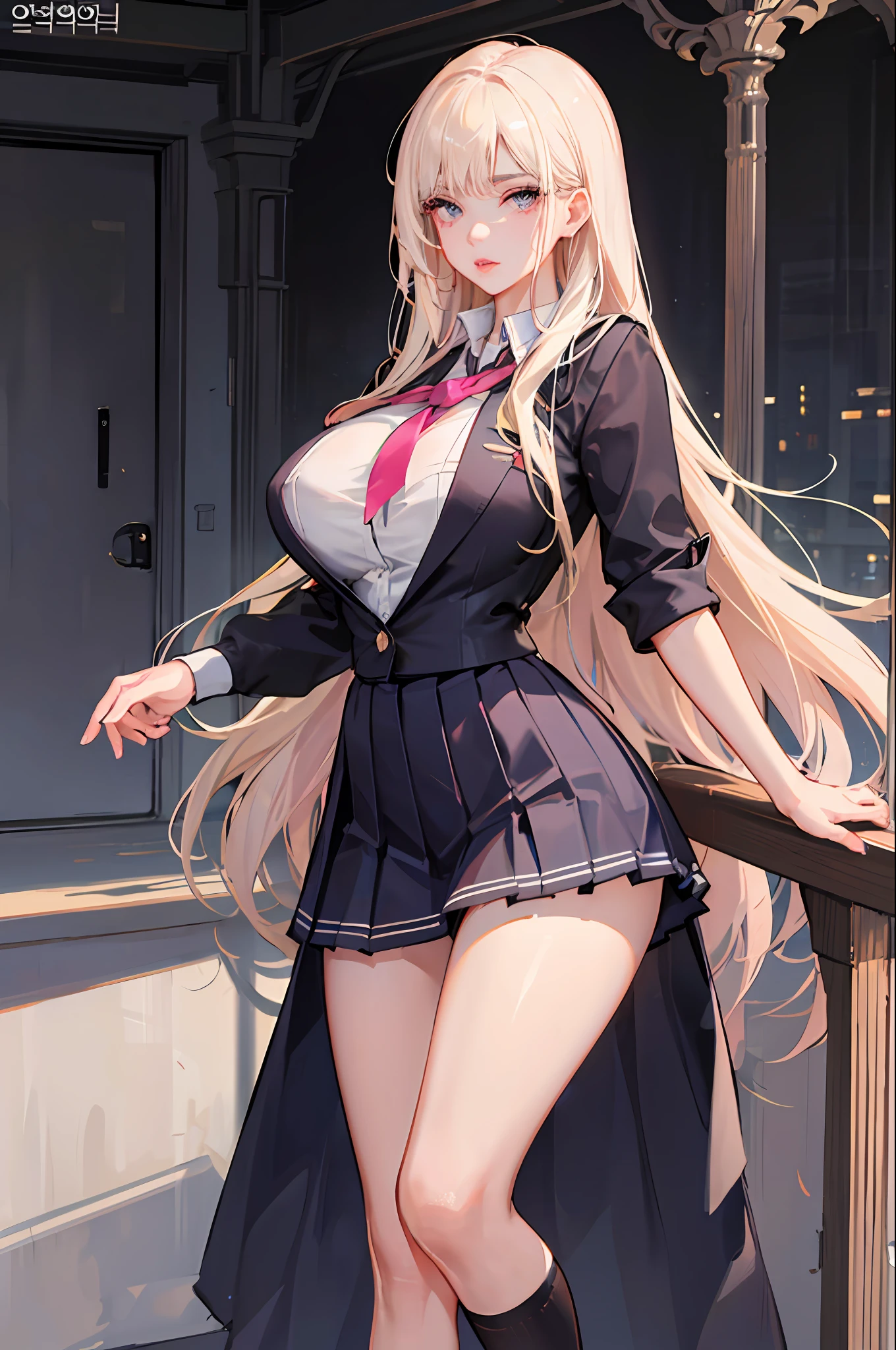 1girl, nsfw, masterpiece, best quality, slender girl with hourglass body and massive breasts, solo, pretty, cute, shy girl, ((girl wears school uniform, short pleated skirt, white blouse, Korean school uniform)), sexy, girl shows enticing breasts, ((platinum blond hair, long hair)), pink colored eyes, pink orbs, detailed eyes, beautiful eyes, delicate eyes, ((hourglass body, sexy body)), correct anatomy, correct limbs, ((massive breasts, large breasts)), juicy lips, pouty lips, [detailed background (korean school, korean high school, Seoul, south korea)]