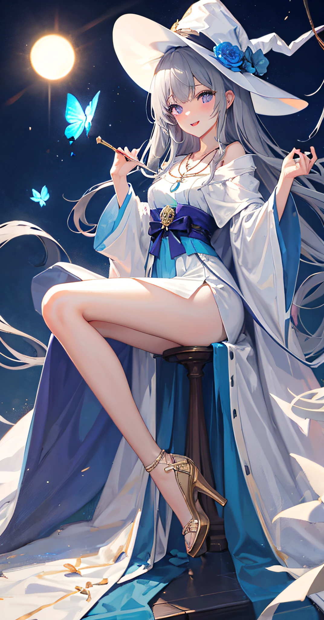 [(purple eyes, air bangs, wizard hat, slender legs, blue high heels, shiny skin, wearing a beautiful light blue magic robe: 1.3)], sacred, gorgeous, dark blue sky, sun, sky, magic formation, singing magic, spells, flower butterflies, happy, shy, blushing, tilting head, magical world, wand, necklace, gray hair, incredibly long hair,