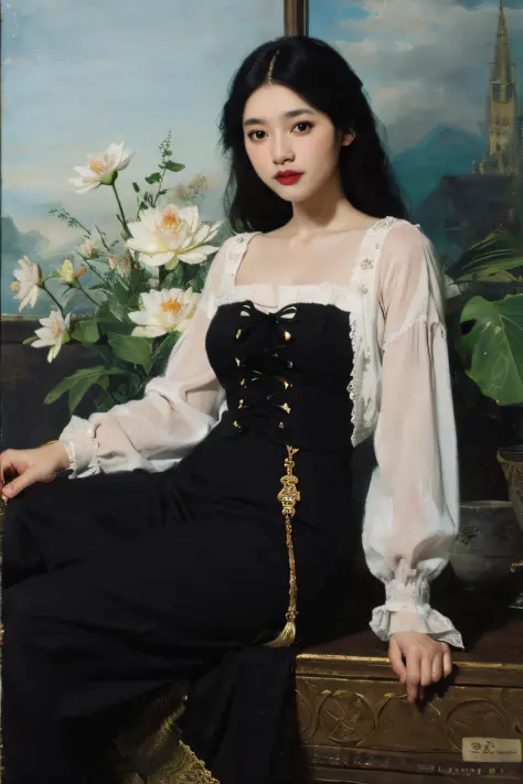 (Oil painting: 1.5),

\\

A woman with long black hair and white flowers in her hair sitting in a lotus flower, white blouse, cy...