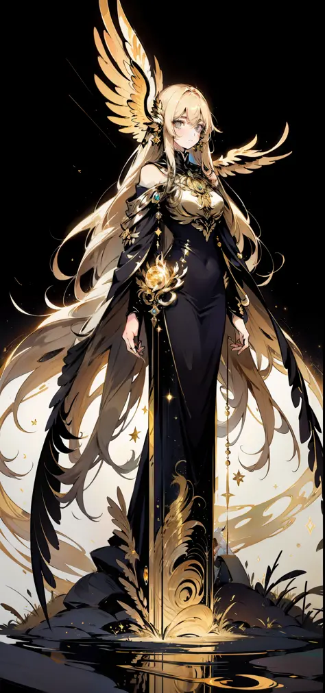 a woman with long, golden hair, with majestic wings on her back, is standing in a nocturnal landscape illuminated by a soft ligh...