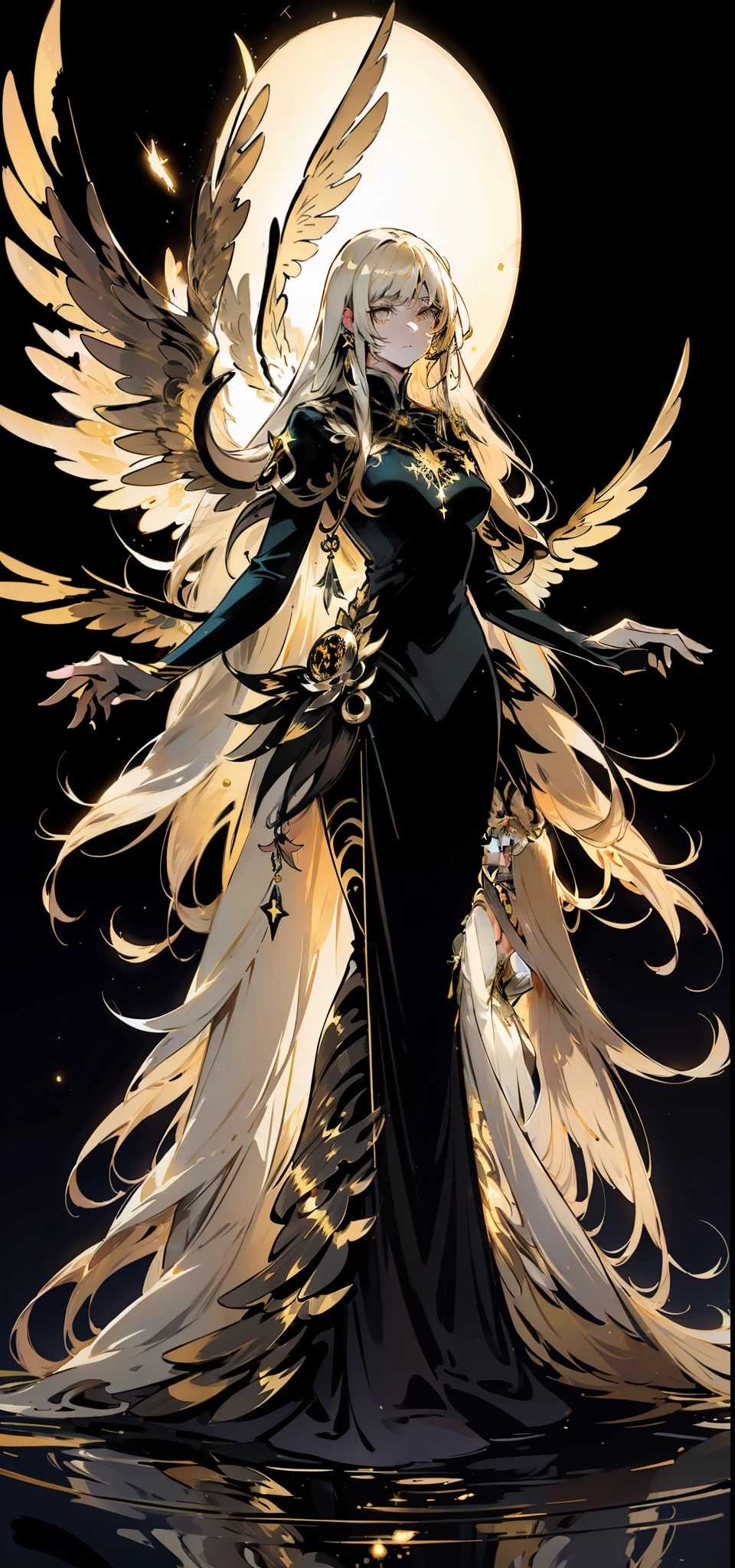 A woman with long, golden hair, with majestic wings on her back, is standing in a nocturnal landscape illuminated by a soft light. Her dress is golden and fluid, matching perfectly with the glow of the stars in the background.