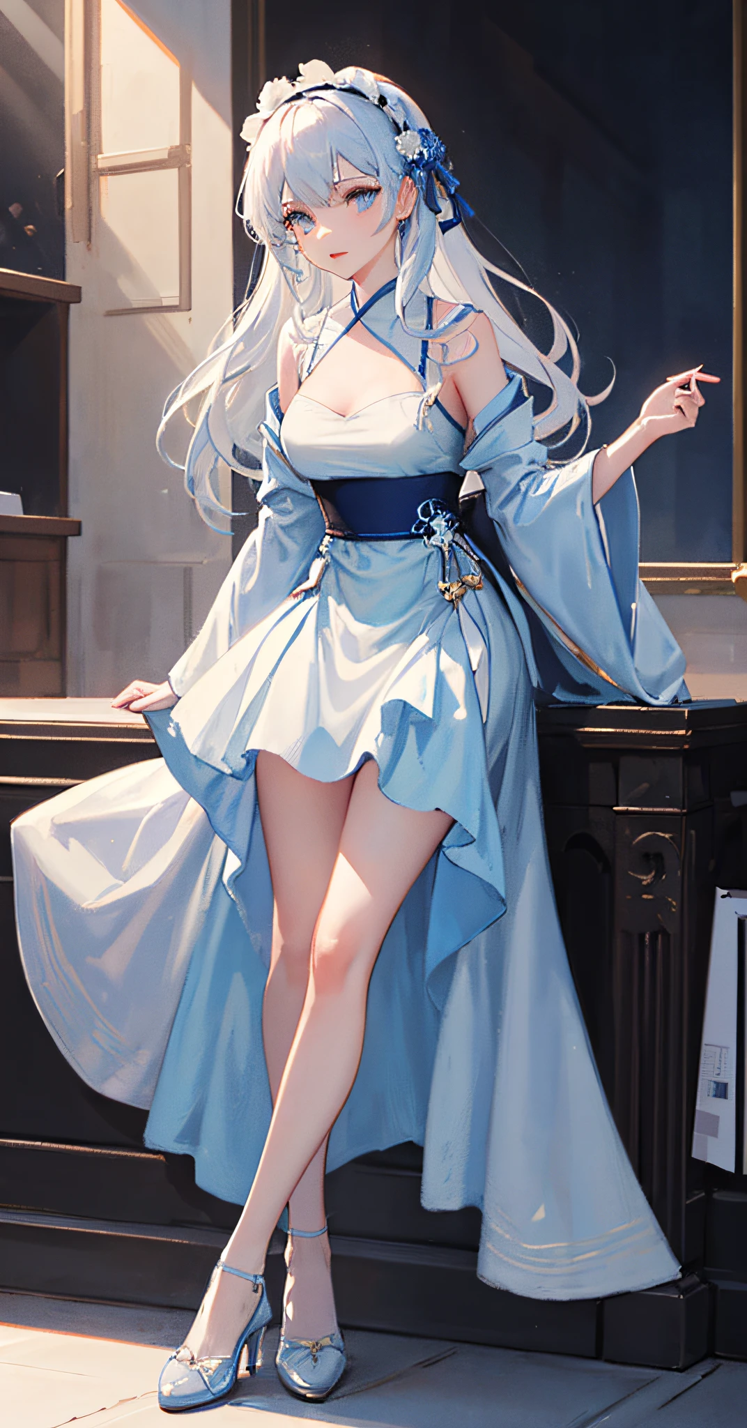 1 girl, single, high level, looking at the audience, masterpiece, the best quality, very detailed, perfect lighting, slender legs, golden high heels, light blue Lolita, sunny, ray tracing, long white hair, detailed and beautiful face, looking at the audience, light blue hanfu, light blue dress, light blue slip dress, solo,