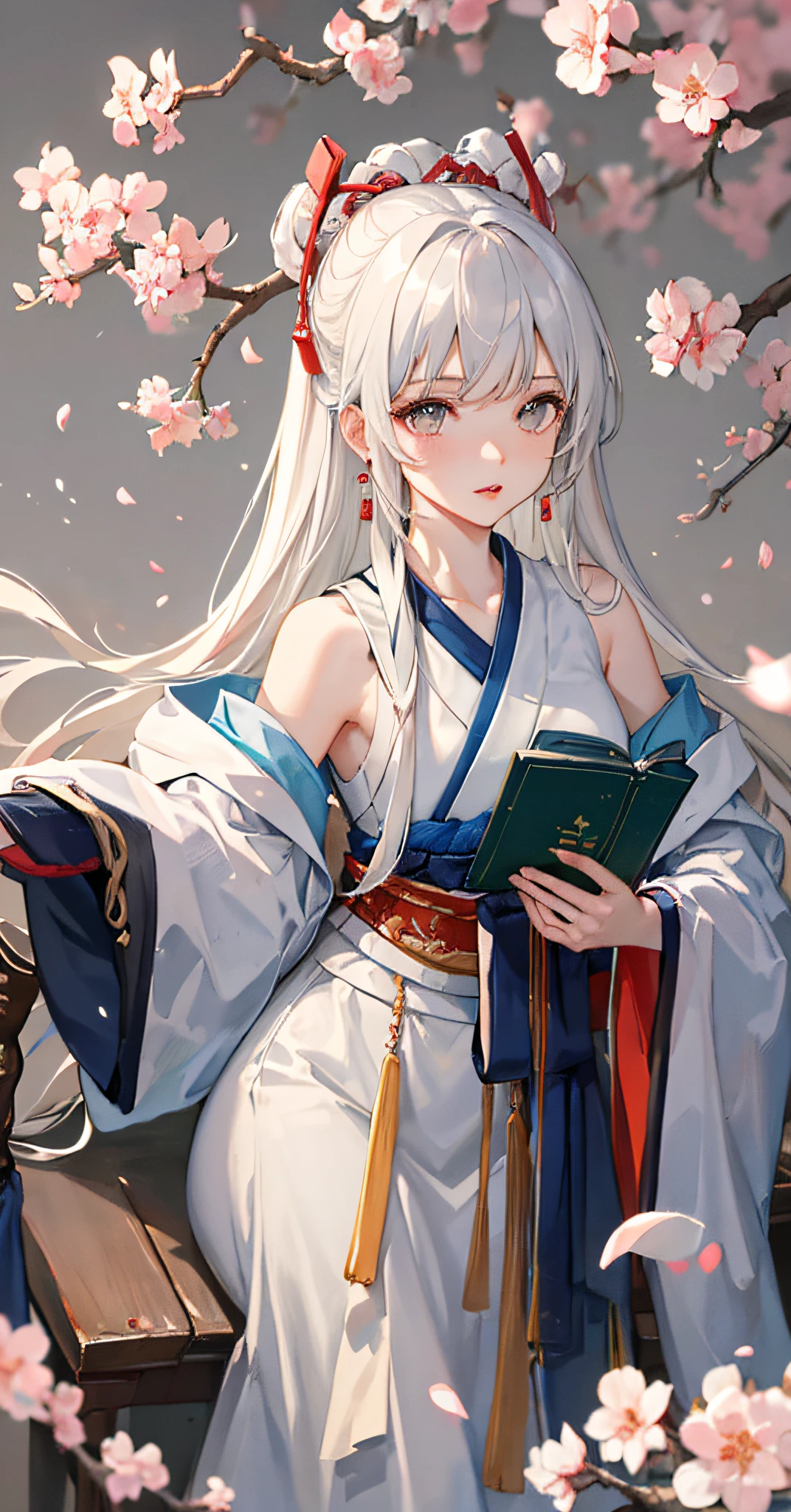 1 Girl, winter, bangs, bare shoulders, light trees, white hair, branches, cherry blossoms, collarbone, earrings, gray background, hair accessories, hanbok, Chinese hanbok, holding magic books, jewelry, kiseru, lips, long hair, medium chest, bare shoulders, magic books, sitting, solo, tassels, peach trees, wide sleeves, leaning under the trees, reading clothes, translucent clothes, silk, shukezouma, negative space, water mobysm, "standing woman's portrait", Branches, (the best quality of representative works: 1.2), traditional Chinese ink painting, model shooting style, calm, looking at the audience, wearing long hanfu, songs, background is cherry tree, Wu Changshuo, petals, natural science foundation, cat, half body, seven-point lens, natural body,