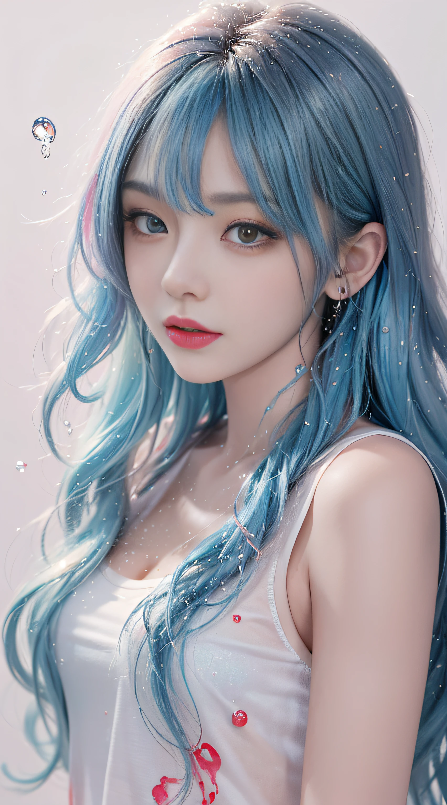 (Masterpiece, Best Quality, High Resolution), White Background, Acrylic Paint, ((Color Splash, Splash of Ink, Color Splash)), Water Droplets, Splash, Sweet Chinese Girl, Long Light Blue Hair, [Light Blue|Pink] Hair, Curly Hair, Glitter, Peach Lips, White Shirt, Front, Upper Body