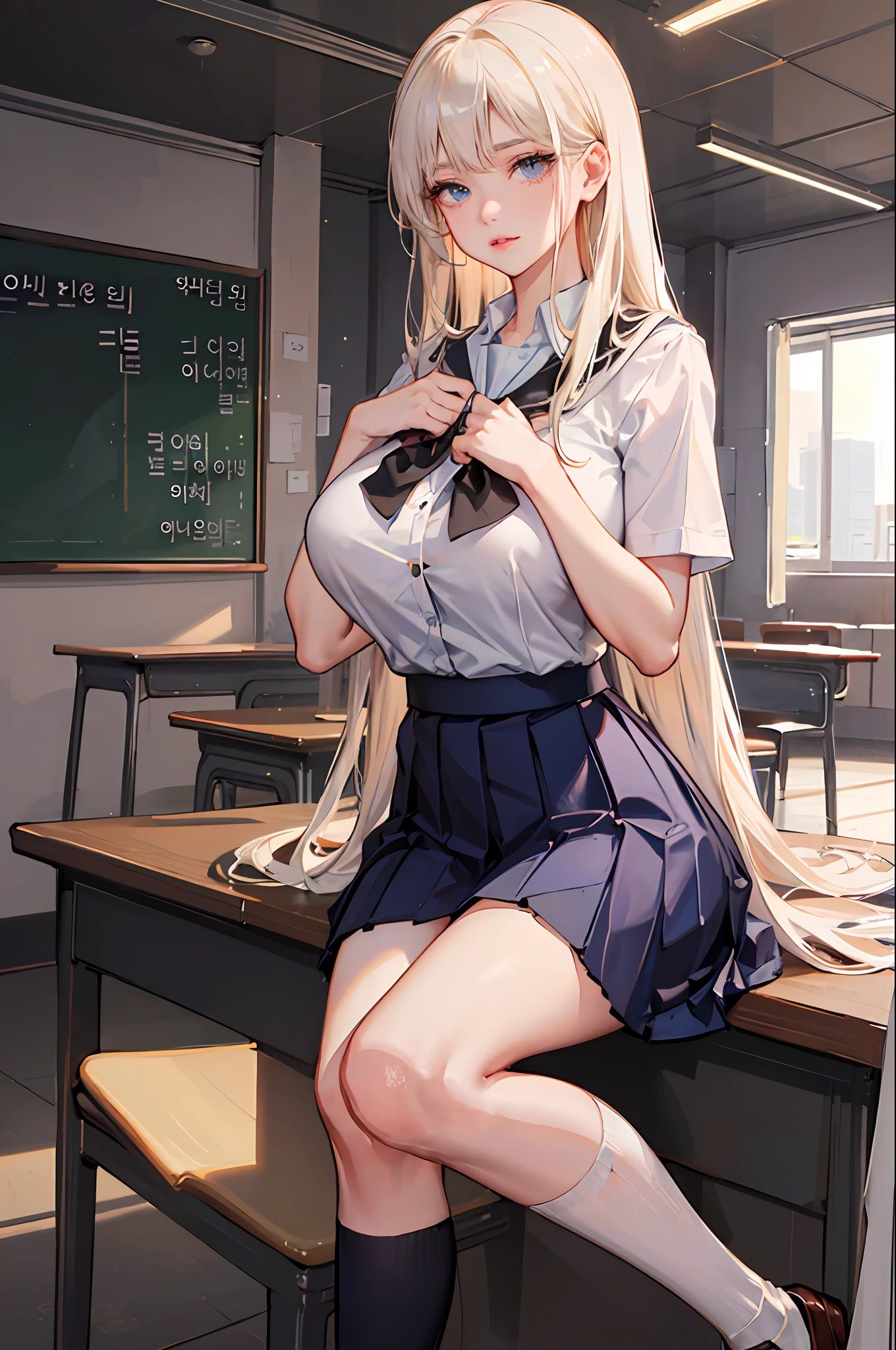 1girl, nsfw, masterpiece, best quality, slender girl with hourglass body and massive breasts, solo, pretty, cute, shy girl, sitting, legs spreading wide, ((girl wears school uniform, short pleated skirt, white blouse, Korean school uniform)), sexy, girl shows enticing breasts, ((platinum blond hair, long hair)), indigo eyes, detailed eyes, beautiful eyes, delicate eyes, ((hourglass body, sexy body)), correct anatomy, correct limbs, ((massive breasts, large breasts)), juicy lips, pouty lips, [detailed background (korean school, korean high school, Seoul, south korea)]