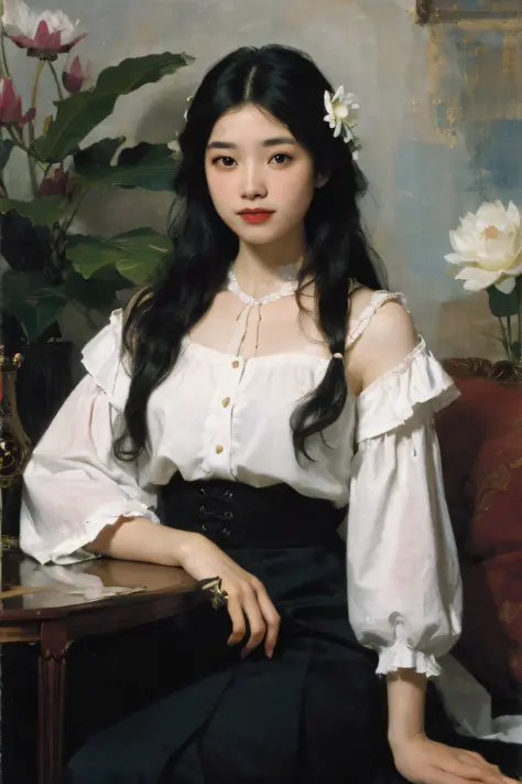 (Oil painting: 1.5),

\\

A woman with long black hair and white flowers in her hair sitting in a lotus flower, white blouse, cy...