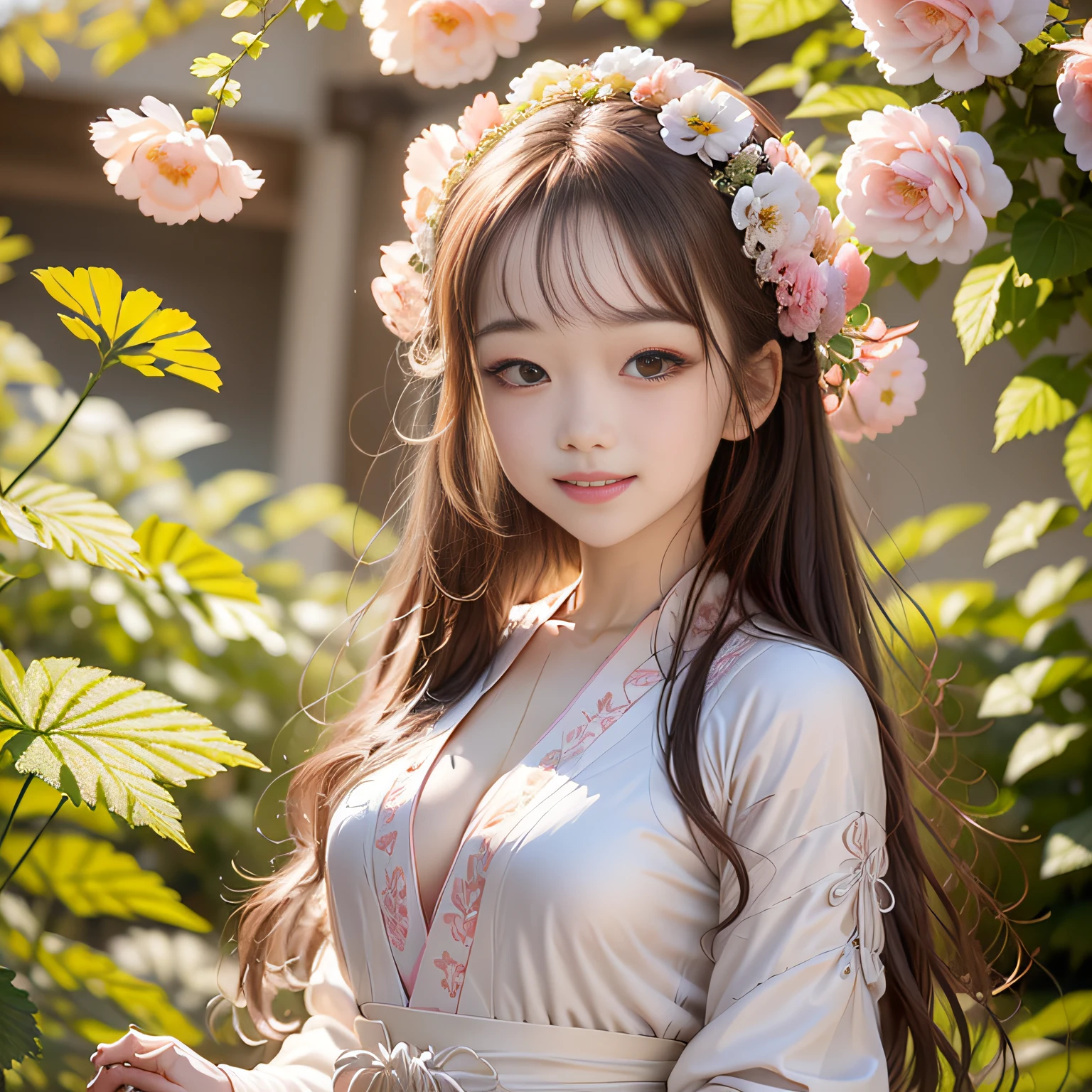 Extremely detailed CG Unity 8k wallpaper, best lighting, super detailed, best quality, high resolution, ethnic style girl, soft light, beautiful hair, pink and white hanfu costume, open space, white silk, bright colors, smile, standing in a sea of begonia flowers