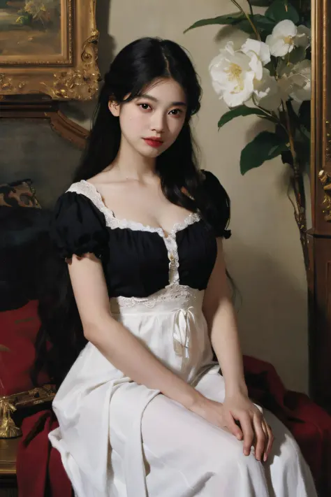 (Oil painting: 1.5),

\\

A woman with long black hair and white flowers in her hair sitting under a red peony flower, a white dress (Amy Saul: 0.248), (Stanley Ategg Liu: 0.106), (a detailed painting: 0.353), (Gothic art: 0.106)