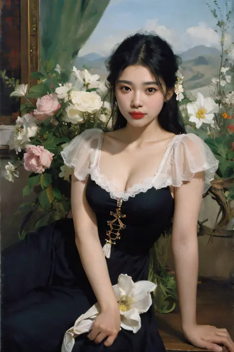 (Oil painting: 1.5),

\\

A woman with long black hair and white flowers in her hair sits in front of a Chinese landscape painti...