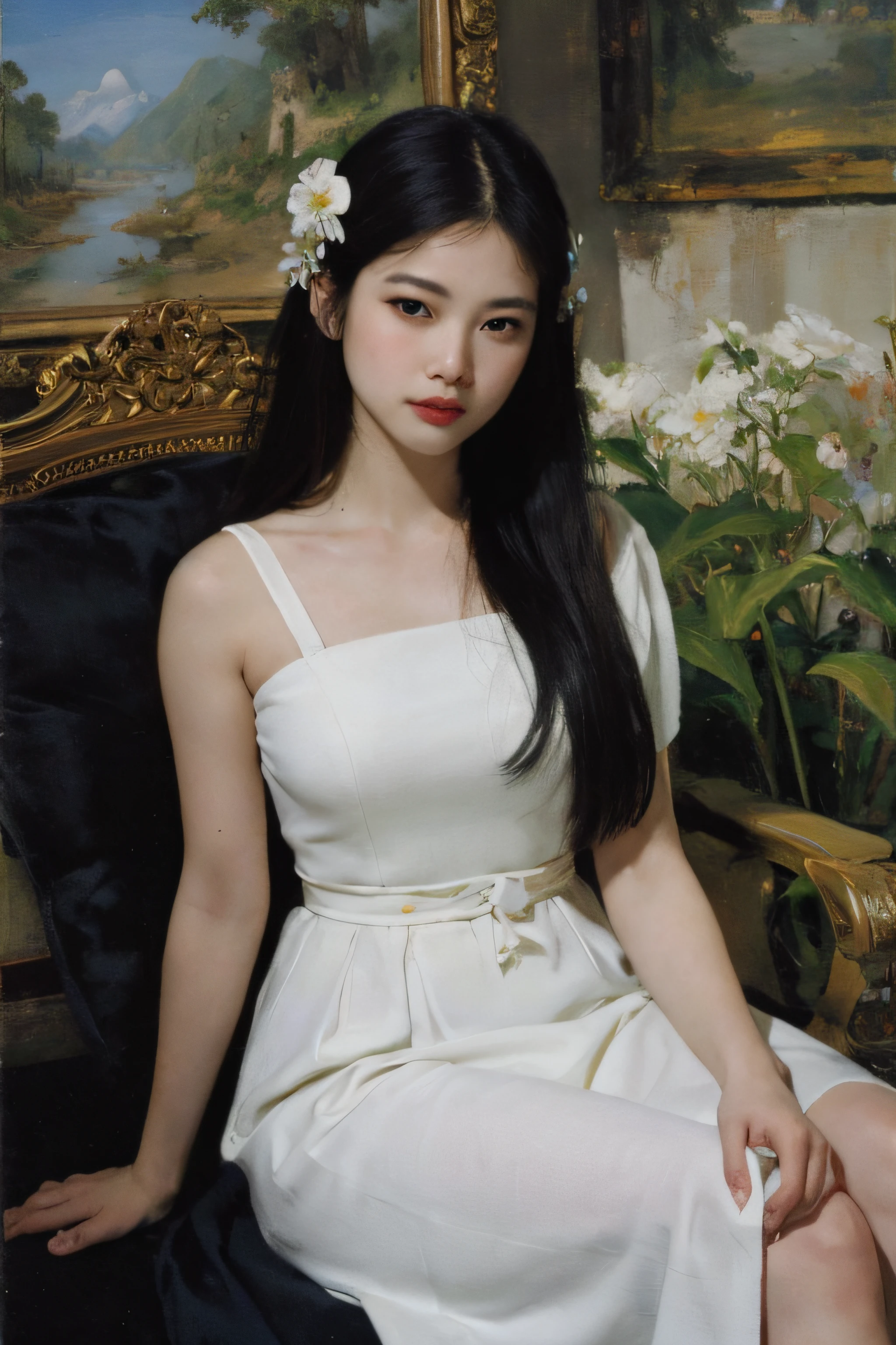 (Oil painting: 1.5),

\\

A woman with long black hair and white flowers in her hair sits in front of a Chinese landscape painting, green dress (Amy Saul: 0.248), (Stanley Ateg Liu: 0.106), (a detailed painting: 0.353), (Gothic art: 0.106)