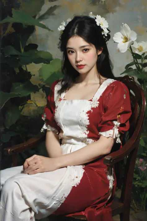(Oil painting: 1.5),

\\

A woman with long black hair and white flowers in her hair sits in front of a Chinese landscape painti...