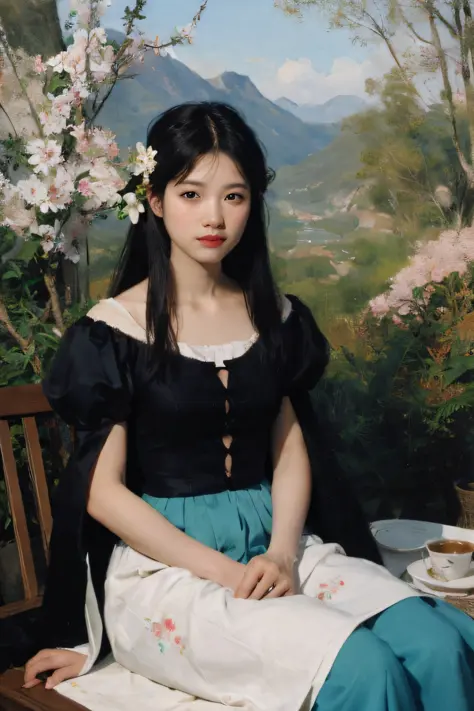 (Oil painting: 1.5),

\\

A woman with long black hair and white flowers in her hair sits in front of a Chinese landscape painting, cyan dress (Amy Saul: 0.248), (Stanley Ateg Liu: 0.106), (a detailed painting: 0.353), (Gothic art: 0.106)
