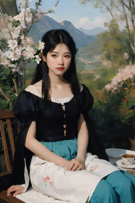 (Oil painting: 1.5),

\\

A woman with long black hair and white flowers in her hair sits in front of a Chinese landscape painti...