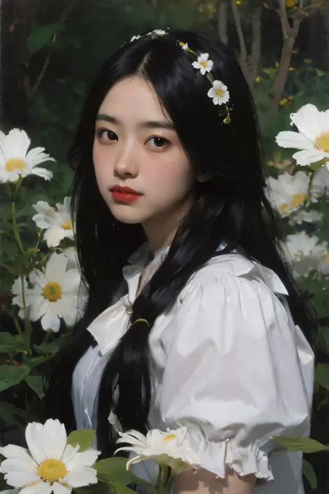 (Oil painting: 1.5),

\\

A woman with long black hair and white flowers in her hair in a field of white flowers, (Amy Saul: 0.2...