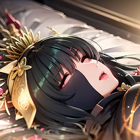 highres,official art,masterpiece,best quality, 1girl,sleeping, (closed eyes), (open mouth), bed, medium breasts,mature female, qu, china dress, ((close-up to face))