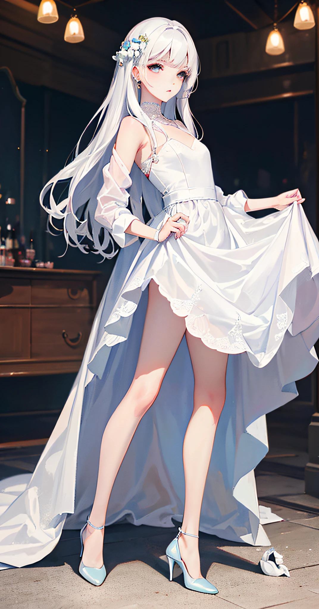 Masterpiece, Best Quality, (Slim Legs, High Heels:1.3), Realistic, 1 Girl, Flat Bangs, Stunning Innocent Symmetrical Face, (White Hair), (Light Blue Wedding Dress), Shirt, Emotion, Urzan, (PureErosFace_V1:0.7),(ulzzang-6500:1.6)