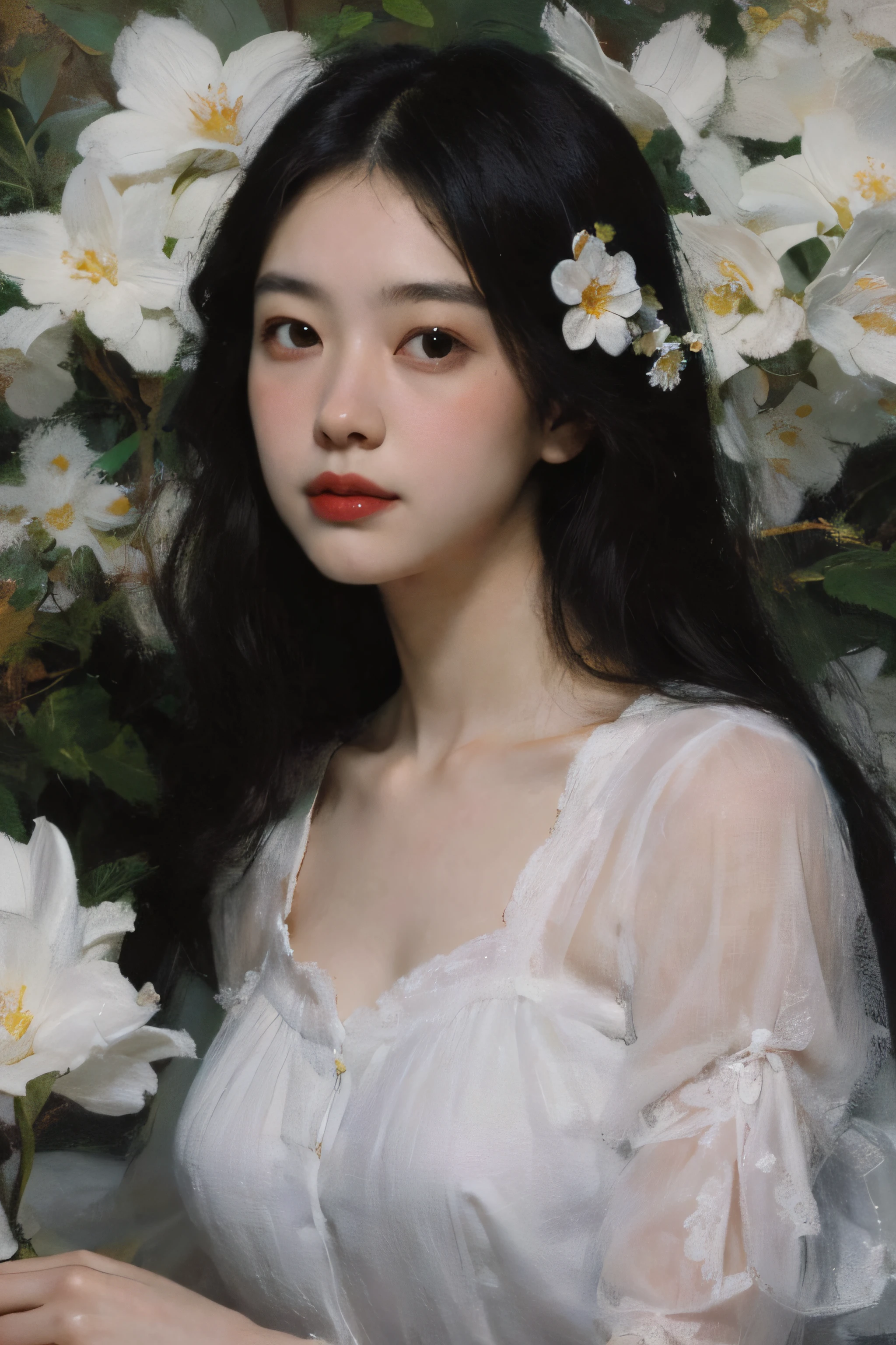 (Oil painting: 1.5),

\\

A woman with long black hair and white flowers in her hair in a field of white flowers, (Amy Saul: 0.248), (Stanley Atger Liu: 0.106), (a detailed painting: 0.353), (Gothic art: 0.106)