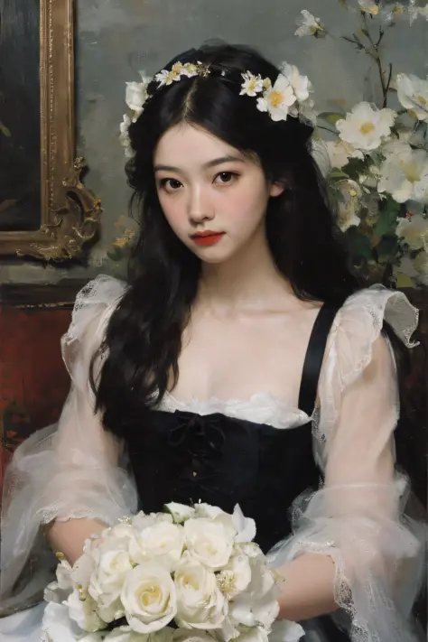 (Oil painting: 1.5),

\\

A woman with long black hair and white flowers in her hair lies in a field of white flowers, (Amy Saul: 0.248), (Stanley Ateg Liu: 0.106), (a detailed painting: 0.353), (Gothic art: 0.106)